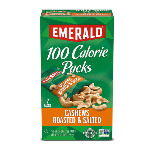 100 Packs, 7 4.34 Oz (Pack 2) Emerald Nuts, Cashews Roasted & Salted, Calorie Ct