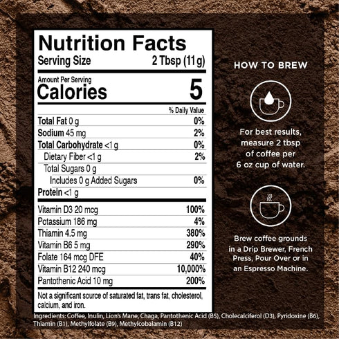 D3, Immunity, 100% 20oz, 52 VitaCup Mushroom Coffee Grounds, with Lions Mane, Chaga, B Vitamins, Boost Focus, Memory
