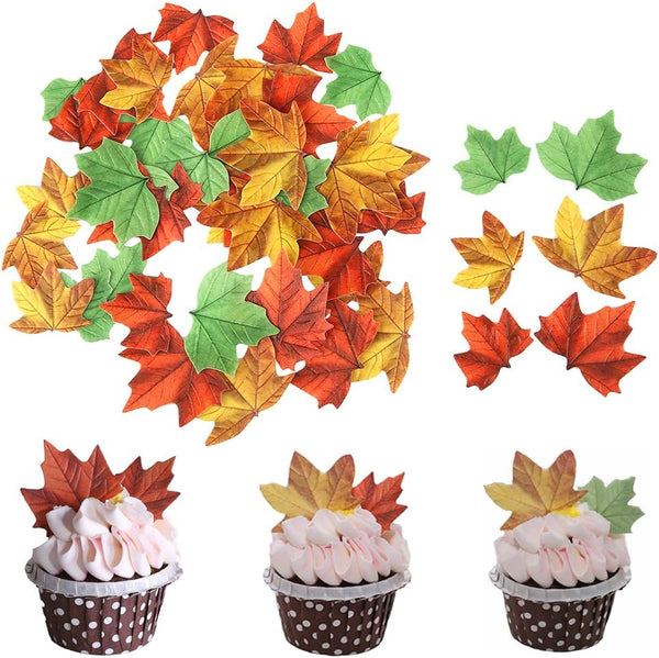 GEORLD Set of 48 Edible Fall Leaves Cake Decorations - Cupcake Topper in 3 Colors