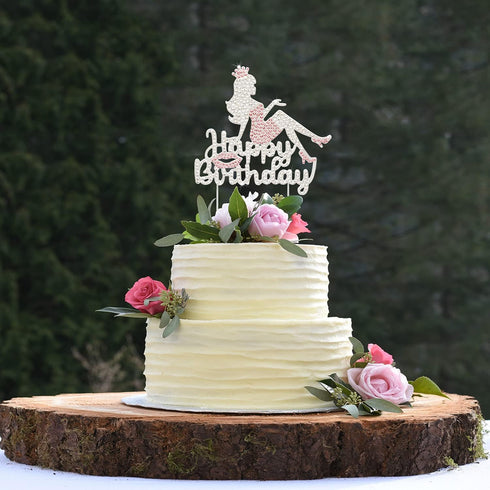 LINGTEER Happy Birthday Crown Queen Lady Rhinestone Cake Topper - Pink Cake Centerpieces Decorations Gift Sign for