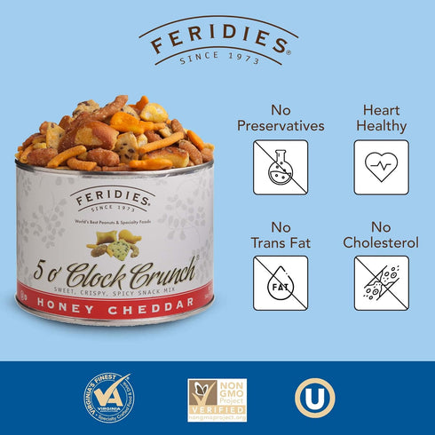 14 (Pack 1) FERIDIES Five O'clock Crunch Honey Cheddar Snack Mix with Premium Virginia Peanuts, Ounce of Honey Cheddar