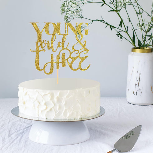 WeBenison Young Wild & Three Cake Topper - Happy 3rd Birthday Decorations for Boy or Girl, Gold Glitter