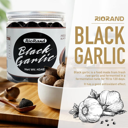 454g 90-Day 1 Lb RioRand Black Garlic Whole Peeled, Aged Jar, No Added Preservatives, Ready to Eat