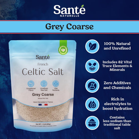 1.1lb (18oz) Pack 3, 82+ 100% Sante Naturelle Celtic Salt Grey Coarse Sea Salt - of Unrefined Organic French Sea Salt