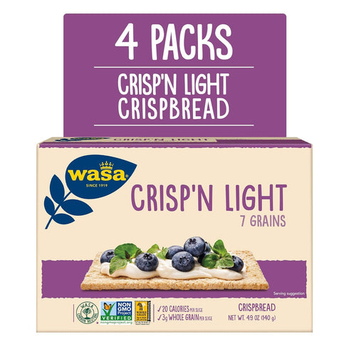 Wasa Crisp’n Light 7 Grains Crispbread, 4.9 oz (Pack of 4), Crackers, Non-GMO Ingredients, 7 Grain Blend, 20 Calories per Slice
