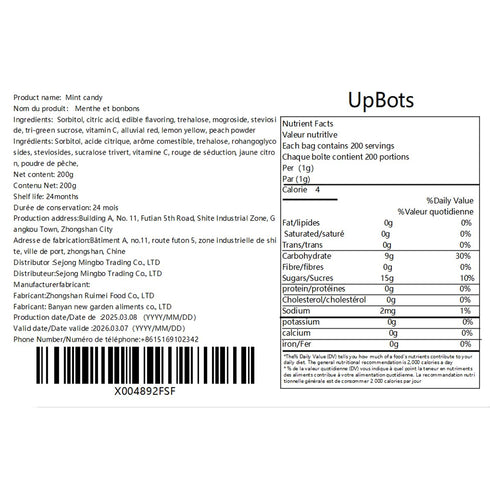 UpBots 7oz. 120 Packaging Mint Sugar (About pills) Mint Sugar Peach Flavor Lemon Flavor Mixed Fruit Flavor