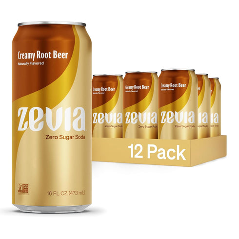Zevia Zero Sugar Soda, Creamy Root Beer, 16 oz Cans (12-Pack) Naturally