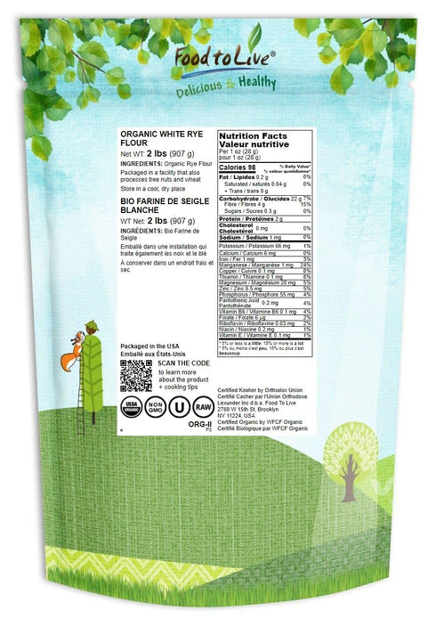 2 Food to Live Organic White Rye Flour, Pounds - Non-GMO, Unbleached, Light, Medium Protein, Vegan, Kosher, Finely