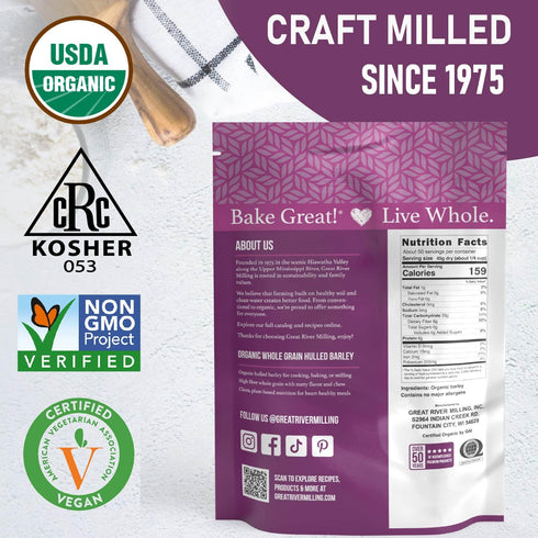 5 Lb Great River Milling Organic Hulled Barley Grain | Whole Grain Barley for Home Milling, Cooking, and Baking | High