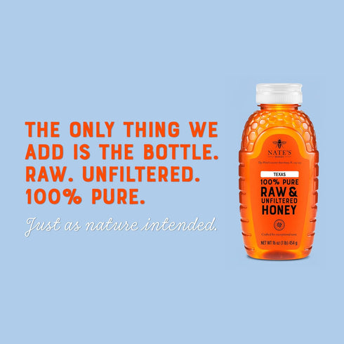 100% 16 oz. Nate's Texas Pure, Raw & Unfiltered Honey - Squeeze Bottle - All-natural Sweetener