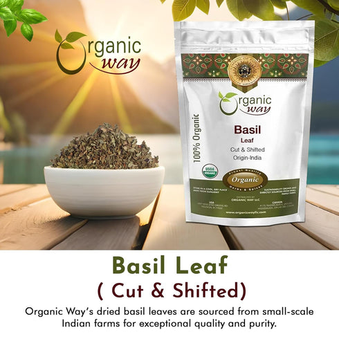 100% (8 Oz) Organic Way Basil Leaf Cut and Sifted | Non GMO, Kosher, USDA Certified Organic Basil Leaves | Dried