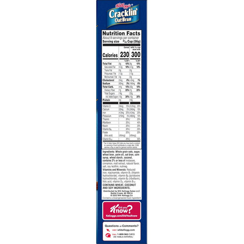 Cracklin' Oat Bran 16.5oz (1 Kellogg's Breakfast Cereal, Fiber Cereal, Family Cereal, Original, Box Box)