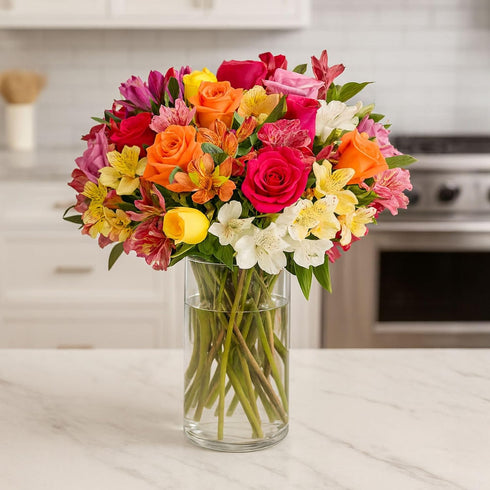 BloomsyBox Romantic Blooming Bouquet Fresh Mixed-Color Roses & Alstroemerias (Glass Vase Included)