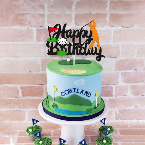 Golf Birthday Cake Topper, Happy Birthday Sign for Sport Themed Party Decorations, Black Glitter Décor