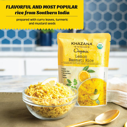 (Pack 6, 8.8oz) 90 Khazana Authentic Lemon Ready To Heat Basmati Rice of | Non-GMO, Vegan, Gluten Free & Kosher |