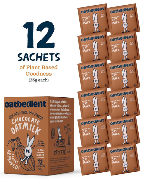 10 oz 12 Oatbedient Chocolate Oat Milk Powder, Sachets, Non-Dairy Milk Powder, NGMO, Vegan, No Preservatives, Lactose