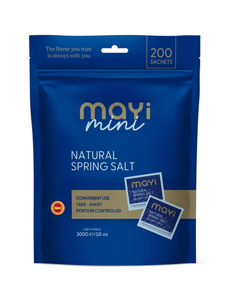 Mayi Natural Spring Salt, Microplastic-Free, 200 Sachets, 300g (10 oz), Portion Controlled,
