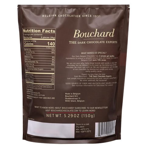 72% (5.29 OZ 150g) Bouchard Premium Belgian Dark Chocolate with Cacao /
