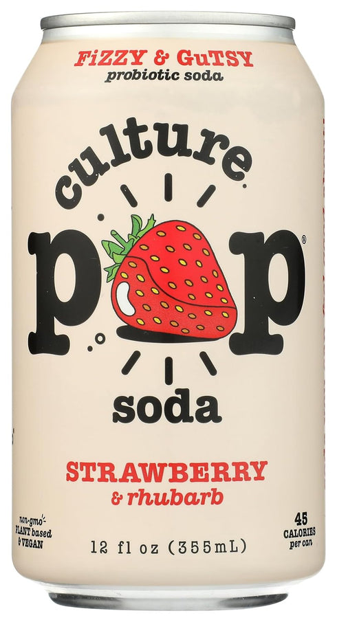 Culture Pop Strawberry & Rhubarb Flavored Probiotic Soda, 4 Packs, Gluten Free,