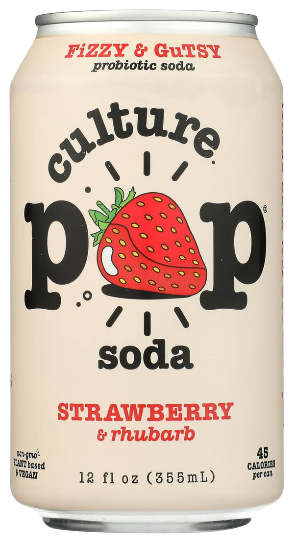 Culture Pop Strawberry & Rhubarb Flavored Probiotic Soda, 4 Packs, Gluten Free,