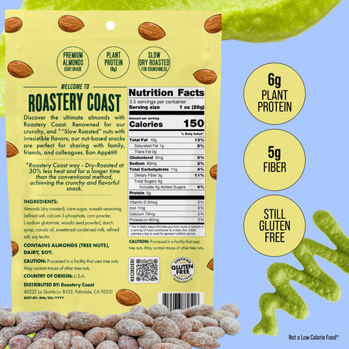 (3.5 oz 1 Pack) Roastery Coast - Wasabi Almonds | Sweet and Zesty Wasabi Flavor| Flavored Almonds | After School Snack