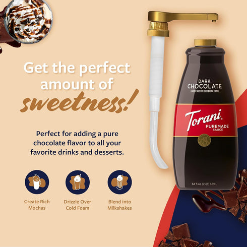4lb 64 Oz Torani Puremade Dark Chocolate Sauce for Coffeehouse Drinks and Desserts, Non-GMO, Large Bottle, Pump