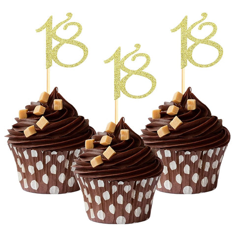 Sumerk 24PCS Gold Glitter 18 Cupcake Toppers for 18th Birthday Anniversary Party Decorations