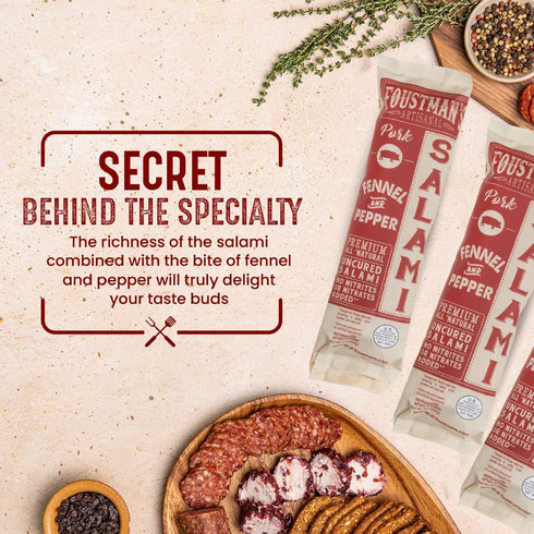 8 Oz Foustman's Salami Fennel and Pepper Pork Artisanal, Nitrate-Free, Naturally Cured, Gluten-Free, Dairy-Free, Sticks