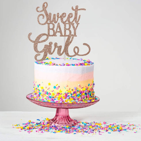 Sweet Baby Girl Cake Topper - Rose Gold Glitter Baby Shower Cake Topper for Its A Girl Celebration