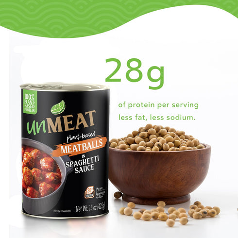 Pack 6 unMEAT Meatballs in Spaghetti Sauce, Plant Based Vegan Meatballs, Ready to Eat Microwave Meals, Canned