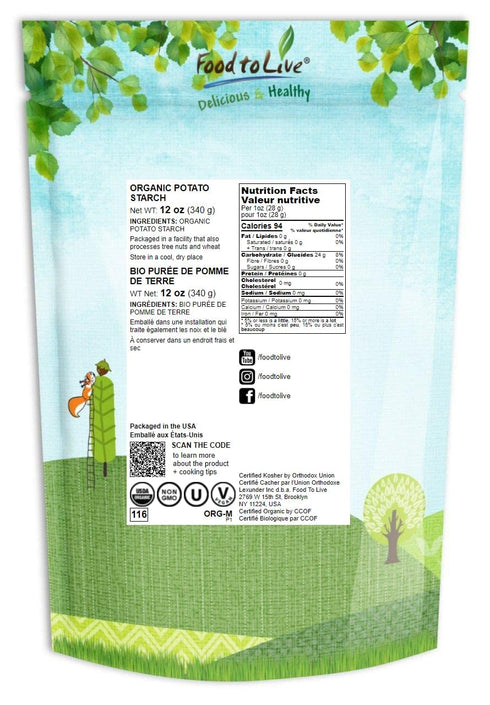 12 Food to Live Organic Potato Starch, Ounces - Unmodified Powder, Non-GMO, Pure Flour, Kosher, Vegan, Bulk, Great