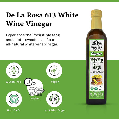 16.9 Oz (Pack 1) De La Rosa White Wine Vinegar, Raw & Unfiltered, with the Mother, Kosher for Passover, Vegan, Non-GMO