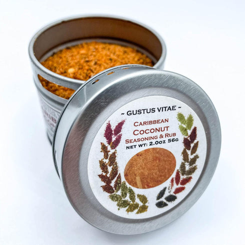 Caribbean Coconut Seasoning & Rub - Authentic Gourmet Spice Mix - Non GMO - 2 oz - Magnetic Tin - Gustus Vitae