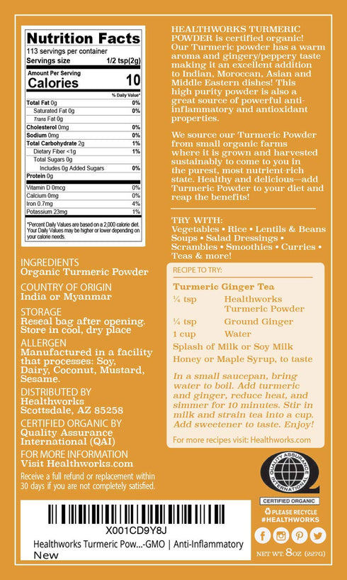 Healthworks Superfoods Organic Turmeric Powder - 8 Oz - Raw Ground Organic, Curcumin, Keto, Paleo, Vegan, Non-GMO