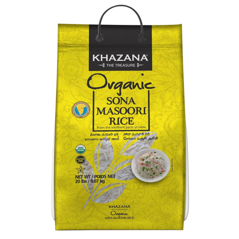 Organic Sona Masoori Rice by Khazana in 20 lb Bag - Aromatic