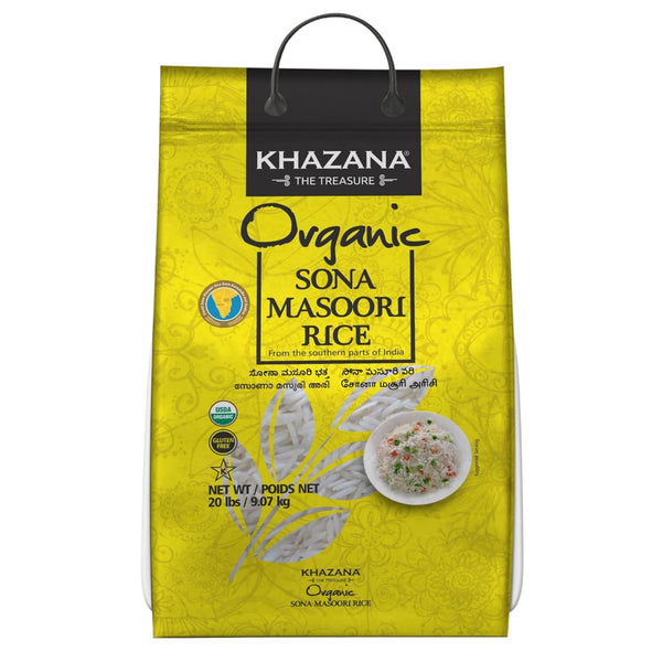 Organic Sona Masoori Rice by Khazana in 20 lb Bag - Aromatic