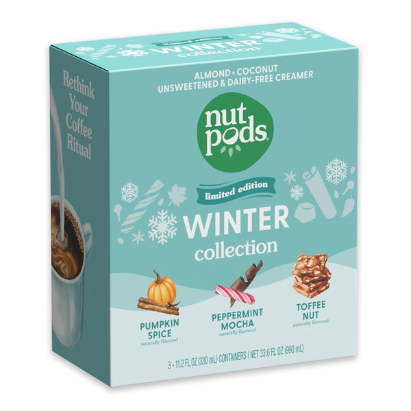 nutpods Winter Collection, 3-Pack of Unsweetened Dairy-Free Creamers (Pumpkin Spice, Peppermint Mocha,