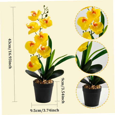 Peosaard 17 Inch 7 4 Orchid Plant, Orchid in Pot Realistic Yellow Faux with Flower Head & Leaf Real Touch Decorative