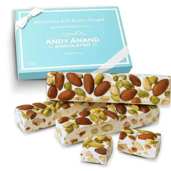 ANDY ANAND CHOCOLATIER Gluten Free Roasted Pistachios Soft Nougat Brittle - Made