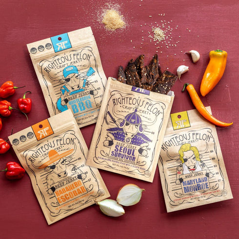 Righteous Felon Beef Jerky Variety Pack, Gluten Free Snack Packs for Adults, High Protein, Keto, Low Sugar, 4 Pack