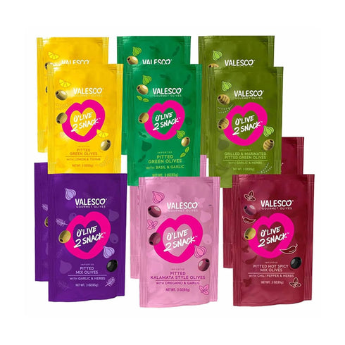 2 Pack, 6 1 oz (12 Valesco, O'Live Snack Pitted Olives Variety Flavors, Pouches)