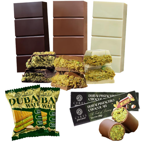 Pack 7 pack, 3 2 2 Dubai Chocolate Variety Milky, Dark & White Chocolate + Dubai Wafers + Mini Bars Elegant Gift Box