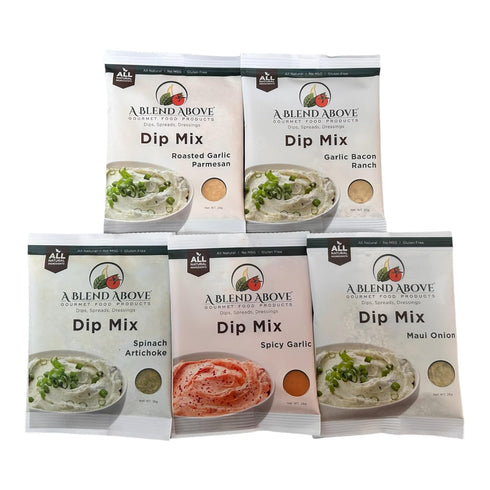 A Blend Above Best Sellers Dip Mix 5 Pack, Includes Roasted Garlic Parmesan, Maui Onion, Garlic Bacon Ranch, Spicy
