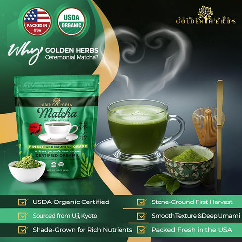 GOLDEN HERBS 100% (60 2.12 OZ) Matcha Superior Ceremonial Blend Green Tea Powder from Uji, Kyoto, USDA Organic