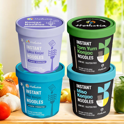 8-Pack Hethstia Konjac Noodle Soup Variety (Miso, Tom Yum, Pho, Laksa) Low-Calorie, Low Carb, Vegan, Gluten-Free