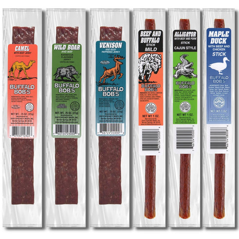 (6 Pack) Set Pack Buffalo Bob's Wild Game Meat Snacks | Exotic Snack Sampler Box | Gift Baskets for Men | Beef Jerky