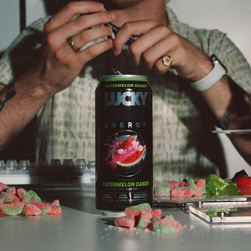 16oz (12-Pack) 200mg Lucky Energy Sugar Free Energy Drinks, Watermelon Candy, Cans Healthy, Zero Sugar Energy Drink