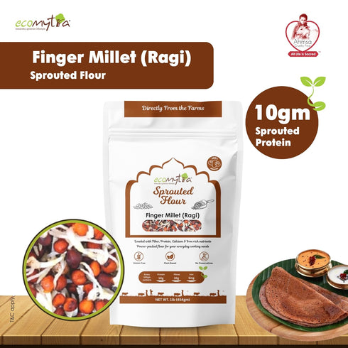 Ecomytra 100% 1lb (454g) Sprouted Finger Millet Flour (Ragi) Gluten Free & High Calcium Superfood Sprouted Rich in Iron