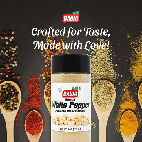 9 oz Badia Ground White Pepper, Smooth, Mellow Heat and Delicate Flavor for Light Sauces, Soups, Poultry and Seafood