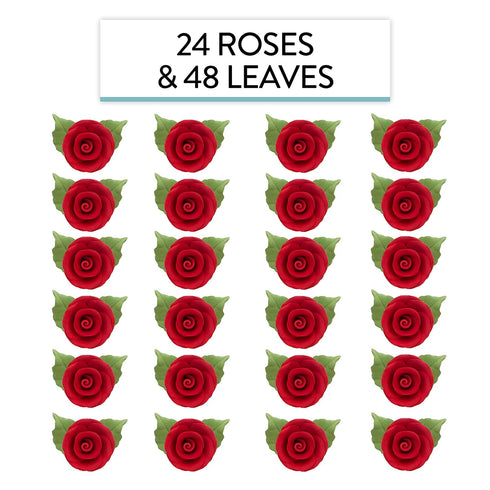 24 Count Global Sugar Art Premium Wedding & Party Edible Rose Cake & Cupcake Sugar Flowers, Red, with Leaves by Chef